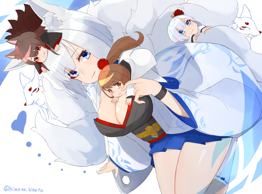 4girls akagi_(azur_lane) animal_ears azur_lane black_kimono blue_eyes breasts brown_hair chibi eyeliner eyeshadow fox_ears fox_girl fox_tail hair_ornament hakama hakama_short_skirt hakama_skirt highres himono_hinata japanese_clothes kaga_(azur_lane) kanzashi kimono kitsune long_hair makeup mole mole_under_eye multiple_girls multiple_tails ponytail red_eyes short_hair shoukaku_(azur_lane) skirt tail tsumami_kanzashi white_hair white_kimono zuikaku_(azur_lane)