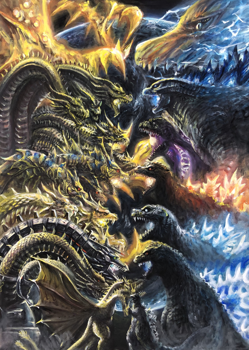 absurdres breath_weapon breathing_lightning commentary_request dragon dragon_horns fangs g.n.a ghidorah_(godzilla:_the_planet_eater) ghidorah_(shin) giant giant_monster glowing glowing_eyes godzilla godzilla:_king_of_the_monsters godzilla:_planet_of_the_monsters godzilla_(monsterverse) godzilla_(series) godzilla_(shin) godzilla_earth highres horns kaijuu keizer_ghidorah king_ghidorah king_ghidorah_(monsterverse) monster monsterverse no_humans open_mouth red_eyes scales sharp_teeth shin_godzilla spikes teeth