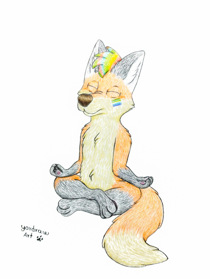 2023 absurd_res anthro black_body black_fur bodypaint brown_nose canid canine closed_eyes colored_pencil_(artwork) crossed_legs face_paint fox full-length_portrait fur happy hi_res lgbt_pride male mammal meditating meditation nude orange_body orange_fur portrait pride_color_bodypaint pride_color_face_paint pride_colors red_fox relaxed_expression relaxing simple_background sitting solo tail traditional_media_(artwork) true_fox vincian_pride_colors white_background yellow_body yellow_fur yordraw