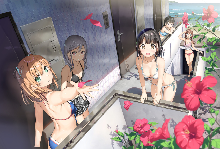 5girls :d absurdres against_railing amatsuki_mashiro aoshima_moka aqua_eyes bare_shoulders beach bikini bikini_skirt black_hair blue_bikini blurry blurry_background blush braid breasts brown_eyes butt_crack cleavage commentary_request depth_of_field flower front-tie_bikini_top front-tie_top grey_hair halterneck hanasaka_yui highres horizon kantoku large_breasts leaning_forward light_brown_hair looking_at_viewer low_twintails medium_breasts momohara_natsuki multiple_girls nanahashi_minori official_art one_room open_mouth outdoors outstretched_hand petals photoshop_(medium) pink_eyes railing short_hair side-tie_bikini_bottom side_braid small_breasts smile string_bikini swimsuit twintails white_bikini