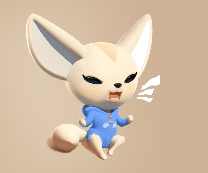 3_toes adult_(lore) aged_down aggretsuko anthro barefoot big_ears biped blue_onesie canid canine clothing digital_media_(artwork) digital_painting_(artwork) featureless_eyes featureless_feet featureless_hands feet feet_together_knees_apart felyn female fennec_fox fenneko fox fur grouchy grumpy hi_res hoodie long_ears mammal on_ground onesie open_mouth paws plantigrade rainbow rainbow_print sanrio shaded shadow simple_background sitting solo spread_knees tan_background tan_body tan_fur toes tongue topwear true_fox yelling young young_anthro young_female zipper