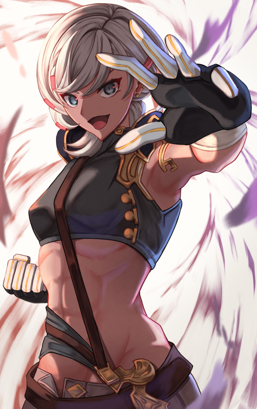 :d abs arm_up armpits bare_shoulders black_gloves black_shirt black_shorts breasts clenched_hand commentary cowboy_shot crop_top dark-skinned_female dark_skin earclip earrings female fiorito_(granblue_fantasy) gloves granblue_fantasy grey_eyes grey_hair groin hair_ornament highres jewelry looking_at_viewer midriff navel open_mouth rizzy shirt short_hair short_shorts shorts sidelocks sleeveless sleeveless_shirt small_breasts smile solo standing