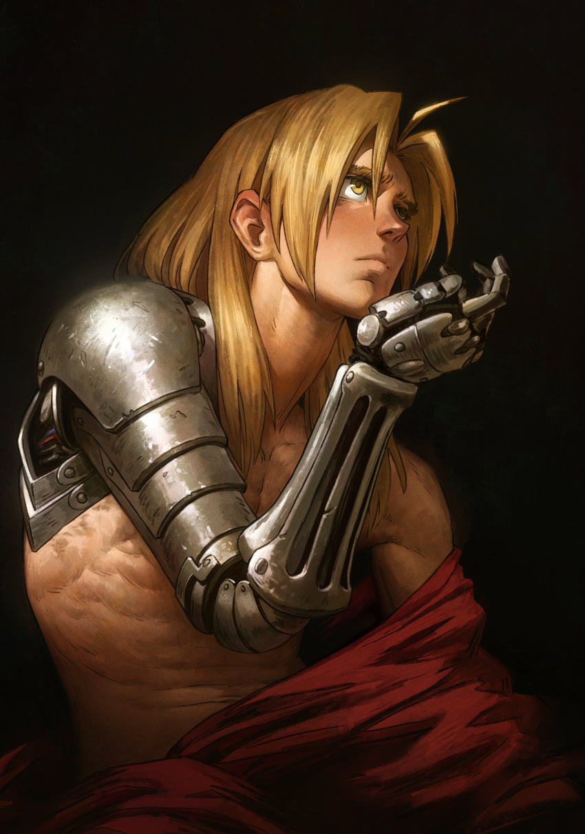 1boy abs absurdres automail blonde_hair commentary edward_elric english_commentary fine_art_parody fullmetal_alchemist highres long_hair male_focus malin_falch mechanical_arms parody pectorals prosthesis simple_background single_mechanical_arm solo toned toned_male topless_male yellow_eyes