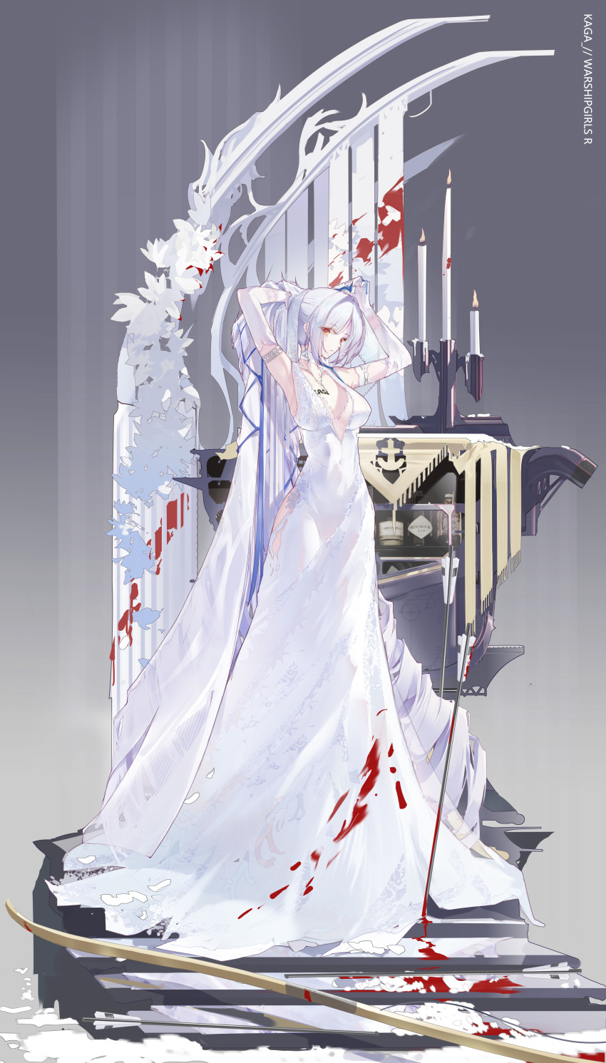 absurdres breasts brown_eyes candle candlelight candlestand covered_navel detached_sleeves dress female gloves highres kaga_(warship_girls_r) large_breasts long_dress long_hair ponytail solo stairs very_long_hair warship_girls_r white_dress white_gloves white_hair white_sleeves white_veil wuzhuang_caikuangche yumi_(bow)