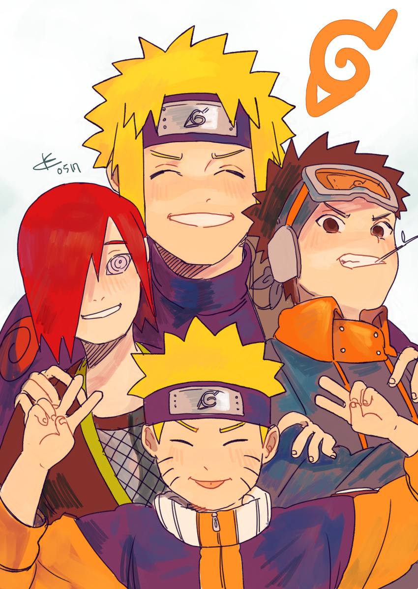 4boys black_eyes black_hair blonde_hair closed_eyes crossed_arms double_v eyebrows fingernails fingers forehead_protector goggles hair_over_one_eye hands hands_on_shoulders konohagakure_symbol male male_focus multiple_boys nagato_(naruto) namikaze_minato naruto pain_(naruto) purple_eye red_hair rinnegan short_hair simple_background spiked_hair spiky_hair teeth tongue uchiha_obito uzumaki_naruto v