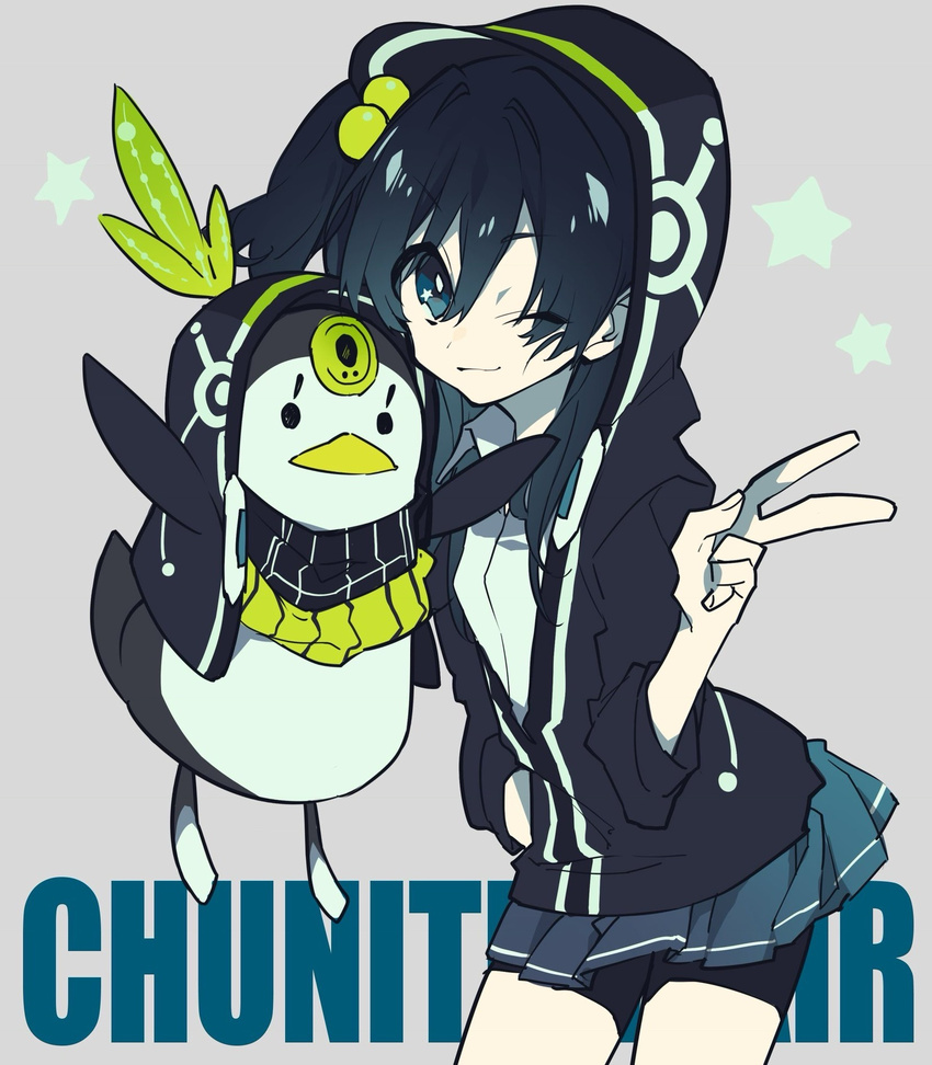 bird black_hair blue_eyes blue_skirt chuni_penguin chunithm commentary_request copyright_name female grey_background hair_bobbles hair_ornament highres hood hoodie long_hair looking_at_viewer mochizuki_kei nanami_aoi one_side_up penguin pleated_skirt simple_background skirt smile solo star_(symbol) v