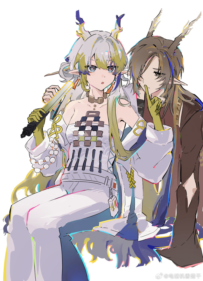 1boy :o arknights bare_shoulders beads blonde_hair blue_eyes brown_eyes brown_hair brown_robe chinese_clothes chinese_commentary closed_mouth commentary_request dianhua_ji_xianggu_gan earrings female finger_to_another's_mouth grey_hair grey_horns grey_jacket grey_pants grey_tube_top hair_between_eyes hair_intakes hair_over_one_eye highres holding holding_sword holding_weapon horns invisible_chair jacket jewelry long_hair long_sleeves looking_at_another looking_back multicolored_hair necklace off_shoulder one_eye_covered open_clothes open_jacket open_mouth pants pointy_ears purple_hair purple_horns robe shu_(arknights) simple_background sitting strapless streaked_hair sword tube_top unfinished very_long_hair watermark weapon weibo_logo white_background yellow_horns zhi_(arknights)