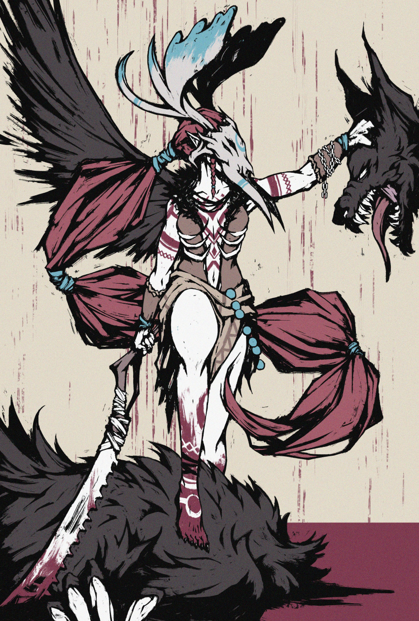 absurdres akramness antlers barefoot beads blood blood_on_weapon claws commentary decapitation english_commentary female headless highres holding holding_sword holding_weapon horns long_hair long_toenails looking_to_the_side mask multi-tied_hair original ponytail prayer_beads red_hair sharp_toenails single_wing solo sword tattoo toenails tribal_tattoo very_long_hair weapon werewolf wings