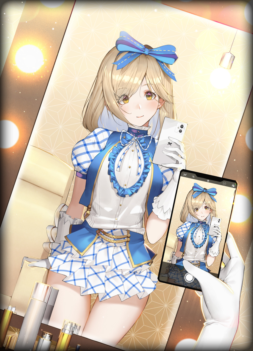 absurdres blonde_hair blush brown_eyes cellphone cellphone_photo closed_mouth commission djeeta_(granblue_fantasy) dutch_angle female female_pov gloves granblue_fantasy head_tilt highres holding holding_phone idol_clothes kimi_to_boku_no_mirai medium_hair migu_(iws2525) mirror mole mole_under_mouth official_alternate_costume phone pleated_skirt pov pov_hands puffy_short_sleeves puffy_sleeves reflection selfie short_sleeves skirt smartphone smile thigh_gap white_gloves