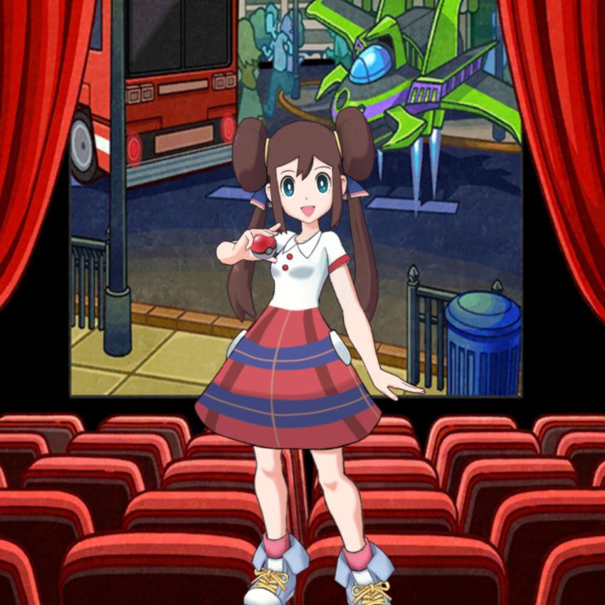 :d aqua_eyes bright_pupils brown_hair buttons collared_shirt commentary curtains double_bun female hair_bun hand_up highres holding holding_poke_ball indoors knees looking_at_viewer movie_theater open_mouth poke_ball poke_ball_(basic) pokemon pokemon_bw2 pokemon_masters_ex pokestar_studios red_skirt rosa_(pokemon) self-upload shirt shoes short_sleeves sidelocks skirt smile sneakers solo theater_seating twintails white_pupils white_shirt