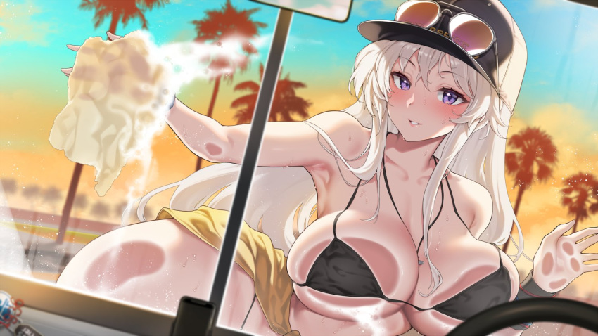 against_glass aviator_sunglasses azur_lane bare_shoulders baseball_cap bikini black_bikini breast_press breasts breasts_on_glass brown-tinted_eyewear clothes_around_waist english_commentary enterprise_(anniversary_ride)_(azur_lane) enterprise_(azur_lane) eyewear_on_headwear female fuya_(tempupupu) hand_on_glass hat holding_rag jacket jacket_around_waist jewelry large_breasts long_hair necklace official_alternate_costume palm_tree purple_eyes smile soap_bubbles solo sunglasses swimsuit tinted_eyewear tree washing_vehicle white_hair