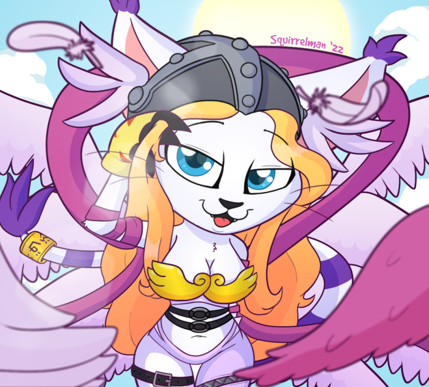 angel angewomon anime_eyes anthro armor bandai_namco bedroom_eyes belt belt_buckle bent_over big_breasts bikini_armor black_claws blonde_hair blue_eyes bottomwear breastplate breasts buckle clawed_fingers claws cleavage clothed clothing cloud digimon digimon_(species) digimon_adventure digital_media_(artwork) ear_tuft eyebrow_through_hair eyebrows feathered_wings feathers felid feline felis female flying fur fusion gatomon gloves hair half-closed_eyes handwear headgear headwear helmet hybrid legwear long_hair looking_at_viewer mammal markings mostly_nude multi_wing narrowed_eyes navel open_mouth outside playing_with_hair purple_body purple_fur ribbons ring_(jewelry) seductive sharp_teeth simple_background sky smile solo squirrelman striped_markings striped_tail stripes sun tail tail_markings tail_tuft teeth text tongue topwear translucent translucent_hair tuft two_tone_tail unconvincing_armor waist_belt whiskers white_body white_fur wings wrapped_arms