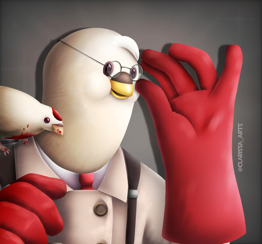 2019 alternate_species ambiguous_gender anthro archimedes_(team_fortress_2) avian beak bird blood blood_on_face bodily_fluids carrying_another clarissa_arts clothing columbid dove duo eyewear feathers furrification glasses gloves grey_background handwear hi_res male medic_(team_fortress_2) on_shoulder red_clothing red_gloves red_handwear simple_background team_fortress_2 topwear valve white_body white_clothing white_feathers white_topwear yellow_beak