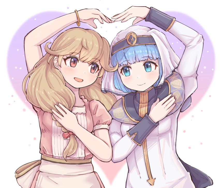 2girls apron blonde_hair blue_eyes blue_hair bow braid brown_eyes closed_mouth commentary dress faye_(fire_emblem) fire_emblem fire_emblem_echoes:_shadows_of_valentia heart_arms_duo highres kutabireta_neko looking_at_another multiple_girls open_mouth pink_bow pink_dress silque_(fire_emblem) smile white_dress white_headwear