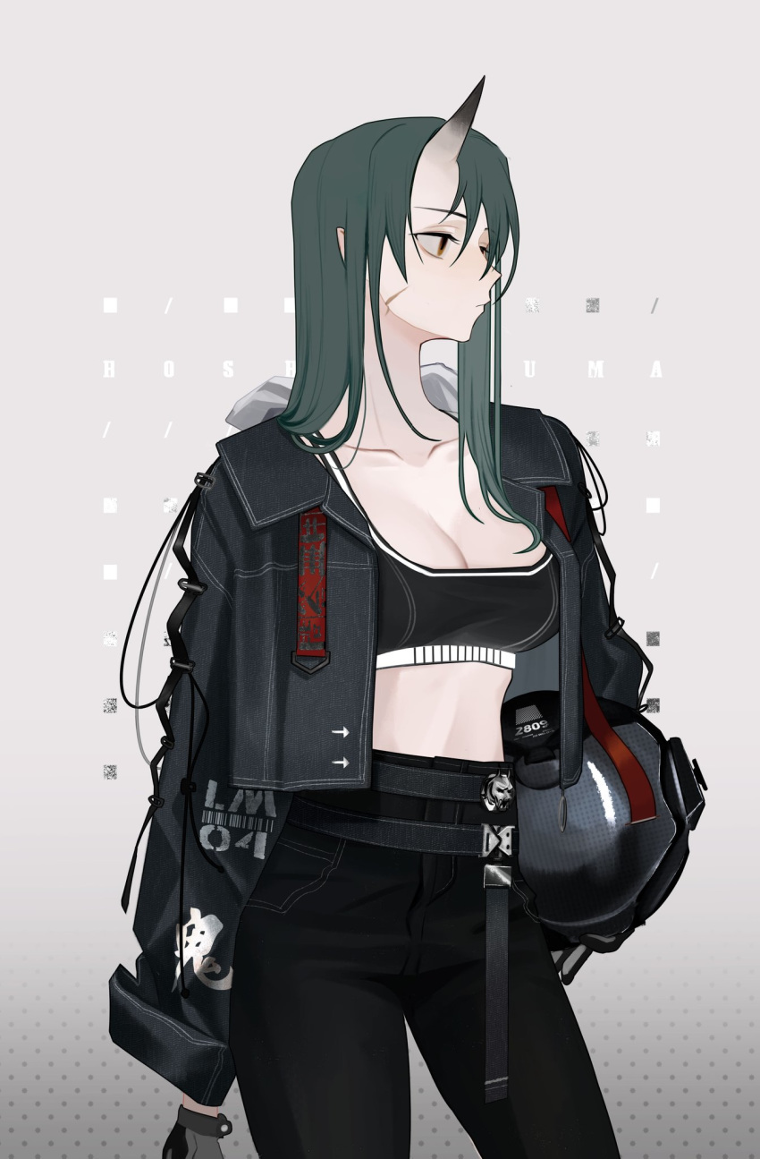 alternate_costume arknights belt black_gloves black_jacket black_pants black_tank_top breasts brown_eyes character_name cleavage closed_mouth collarbone commentary_request contrapposto cowboy_shot female gloves green_hair grey_background helmet highres horns hoshiguma_(arknights) jacket long_hair long_sleeves medium_breasts midriff motorcycle_helmet open_clothes open_jacket pants polka_dot polka_dot_background simple_background single_horn skin-covered_horns solo standing straight_hair tank_top ting_(machi_nakahara)