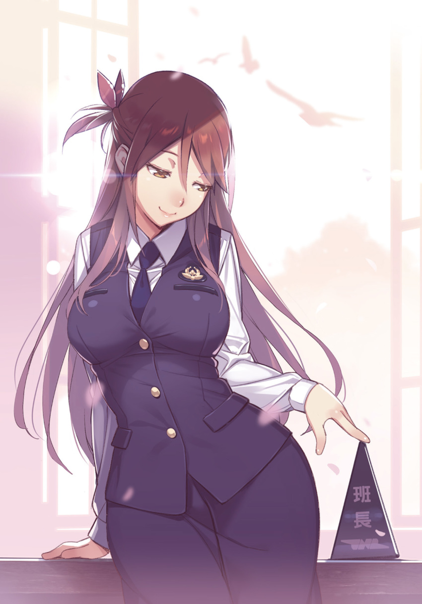 bird black_skirt breasts brown_eyes brown_hair cherry_blossoms closed_mouth collared_shirt female folded_ponytail hair_ornament highres iida_nana large_breasts lens_flare long_hair long_sleeves necktie open_window photoshop_(medium) rail_wars! shirt sidelocks skirt smile solo sunlight tree vania600 vest white_background white_shirt window