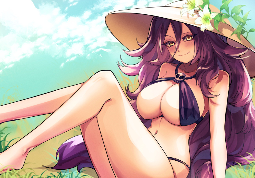 arm_support awee bare_arms blush breasts cleavage closed_mouth commentary dark_mage_(monster_girl_encyclopedia) english_commentary female flower grass hair_between_eyes hat highres large_breasts legs light_smile long_hair monster_girl_encyclopedia navel purple_hair sitting skull sky solo very_long_hair yellow_eyes