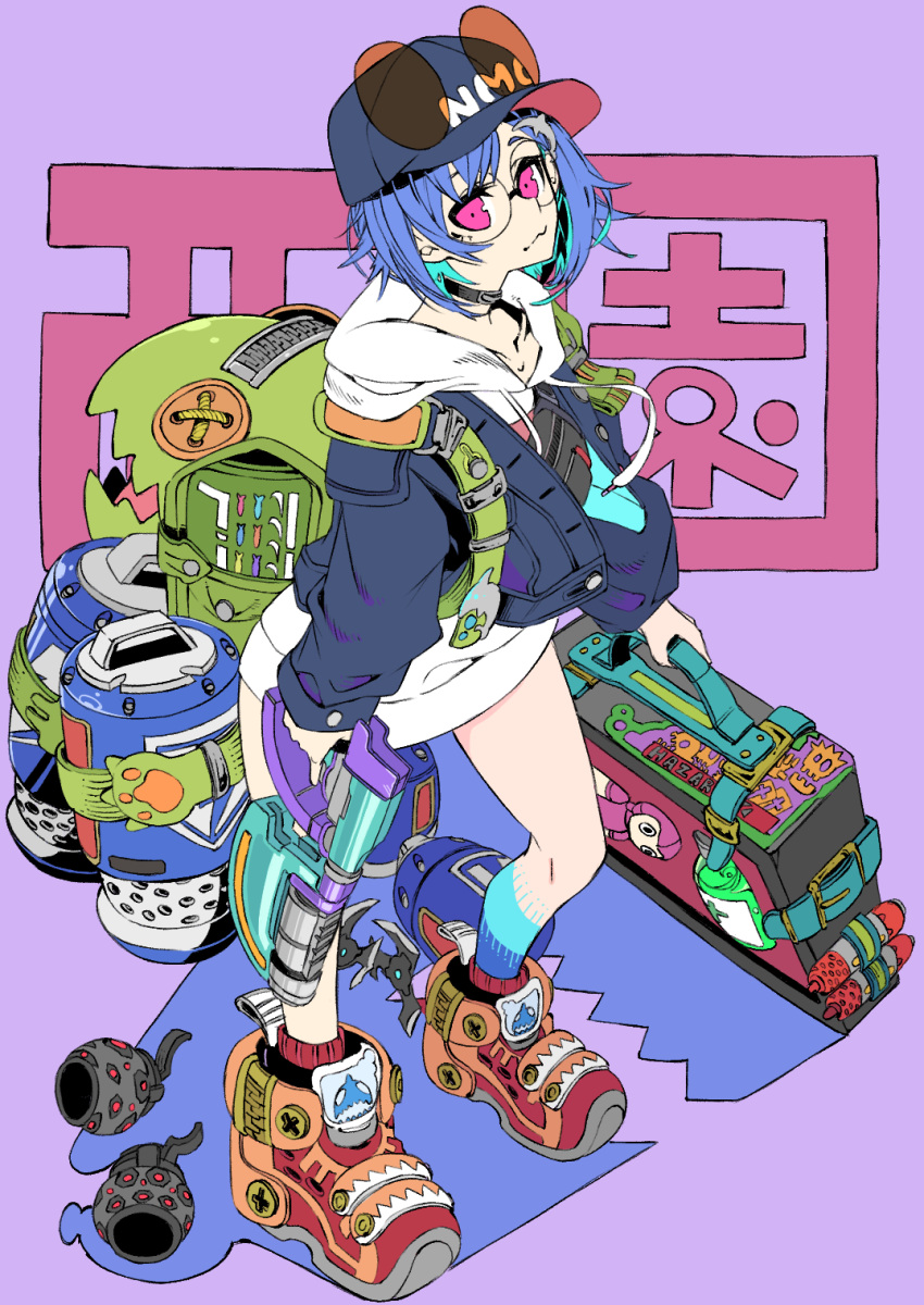 :3 apex_legends arc_star backpack bag blue_hair blue_jacket briefcase dolphin_hair_ornament explosive female glasses grenade highres holding holding_briefcase hood hoodie jacket nijisanji nishizono_chigusa nishizono_chigusa_(2nd_costume) pink_eyes purple_background red_footwear shadow shuriken smile solo standing tetsu_booya virtual_youtuber weapon white_hoodie