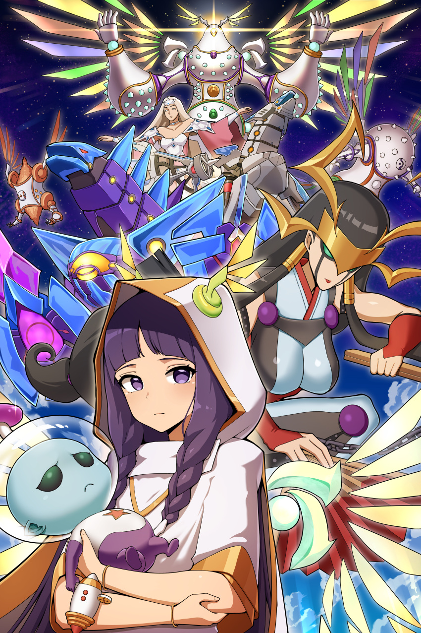 3girls absurdres alien beatrice_lady_of_the_eternal black_hair blunt_bangs braid breasts chains crossed_arms cyber_angel_benten detached_wings diviner_of_the_herald dragon drytron_alpha_thuban drytron_zeta_aldhibah duel_monster eva_(yu-gi-oh!) gameplay_mechanics green_eyes gun hand_fan hands_up herald_of_orange_light herald_of_perfection herald_of_ultimateness highres holding holding_fan holding_gun holding_weapon hood hood_up long_hair macatatera multicolored_wings multiple_girls no_pupils purple_eyes purple_hair robot twin_braids weapon white_eyes white_hair wings yu-gi-oh!