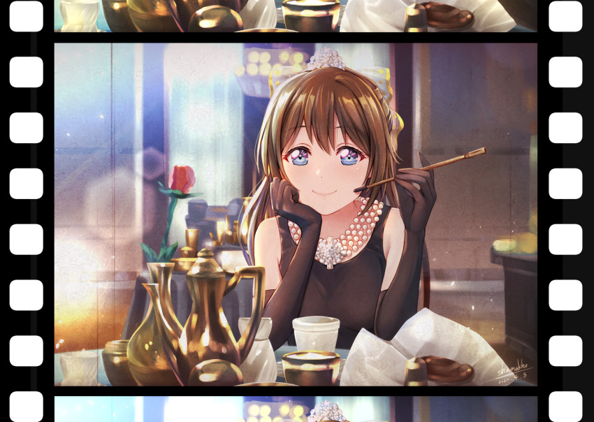 audrey_(love_live!) audrey_hepburn bad_id bad_pixiv_id breakfast_at_tiffany's cigarette_holder commentary_request cosplay dress elbow_gloves female film_strip gloves hair_ornament highres holly_golightly holly_golightly_(cosplay) jewelry looking_at_viewer love_live! love_live!_nijigasaki_high_school_idol_club love_live!_school_idol_festival_all_stars necklace osaka_shizuku ribbon shamakho table