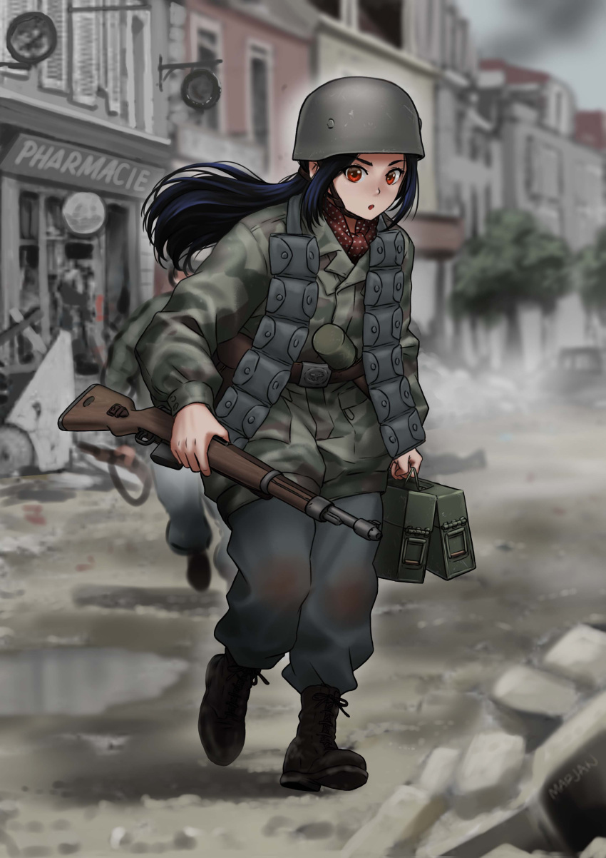 1other absurdres ammunition ammunition_box band_of_brothers battle_of_carentan black_footwear black_hair black_pants blurry blurry_background boots camouflage camouflage_jacket city combat_helmet commission explosive fallschirmhelm fallschirmjager female france full_body genderswap_(mtf) german_army gewehr_41 green_jacket grenade grey_sky gun helmet highres holding holding_gun holding_weapon invasion_of_normandy jacket long_hair long_sleeves looking_at_viewer luftwaffe mardjan military military_uniform open_mouth original outdoors pants paratrooper real_life red_eyes red_scarf rifle rule_63 scarf sky uniform weapon wehrmacht world_war_ii