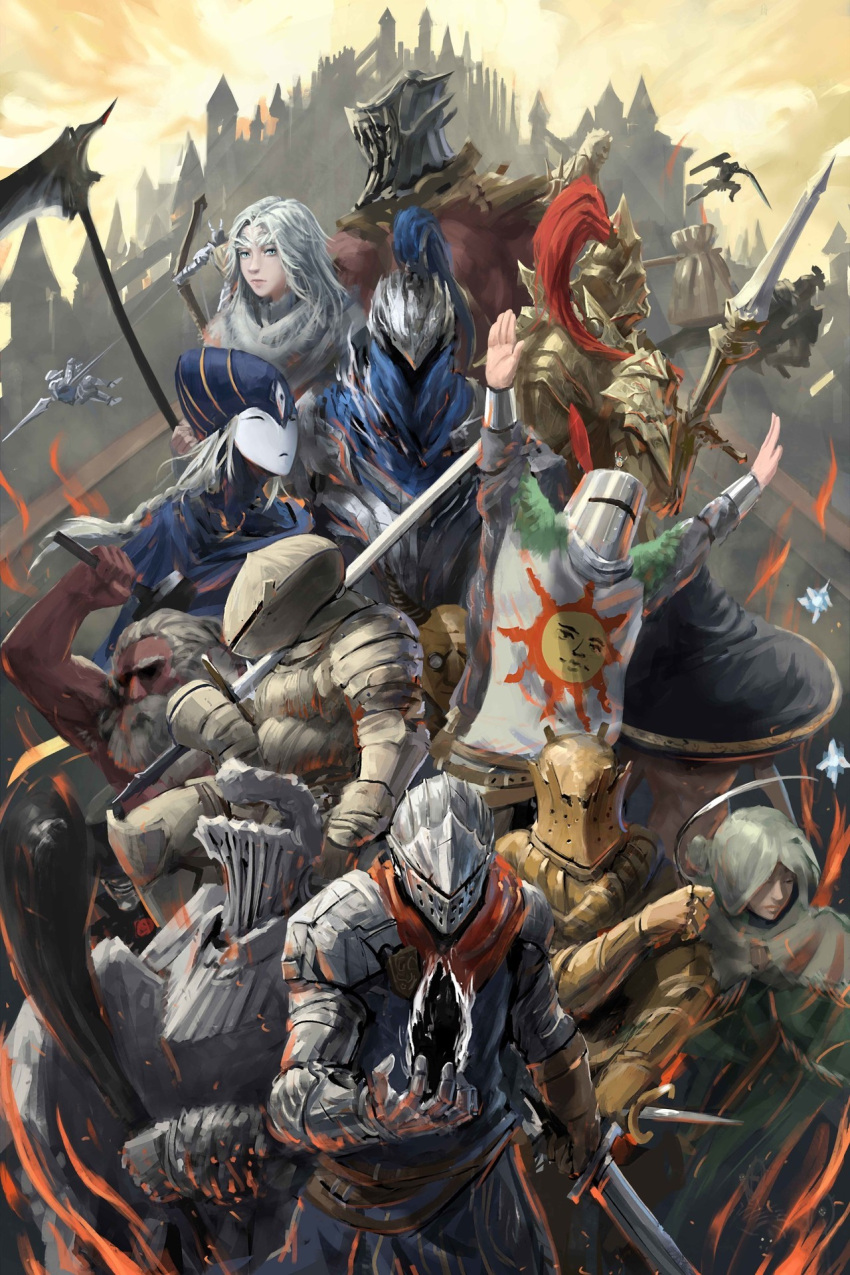 1boy 6+others armor artist_request artorias_the_abysswalker bangs bearer_of_the_curse black_knight_(dark_souls) blue_eyes chosen_undead dark_souls_(series) dark_souls_i dark_sun_gwyndolin dragon_girl dragon_slayer_ornstein dress executioner_smough female full_armor fur great_grey_wolf_sif green_eyes gwyn_lord_of_cinder helm helmet highres horns iron_tarkus knight long_hair looking_at_viewer lord's_blade_ciaran monster_girl multiple_others praise_the_sun priscilla_the_crossbreed siegmeyer_of_catarina slit_pupils smile solaire_of_astora weapon white_hair