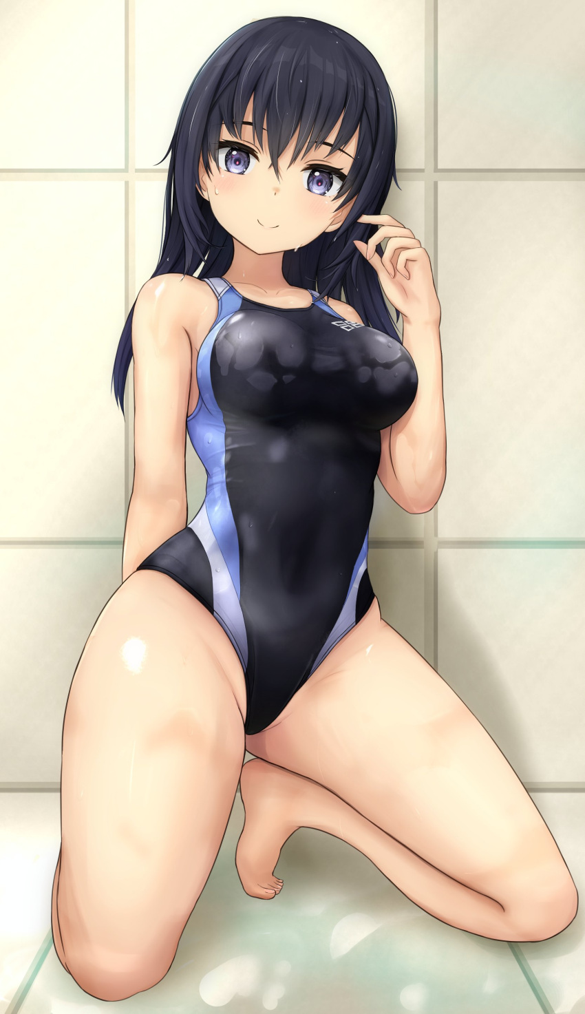 absurdres alice_gear_aegis bathroom black_hair black_one-piece_swimsuit blush breasts competition_school_swimsuit female hair_between_eyes highres indoors kagome_misaki large_breasts long_hair looking_at_viewer mole one-piece_swimsuit purple_eyes school_swimsuit seseragi_(star4rats) smile solo swimsuit