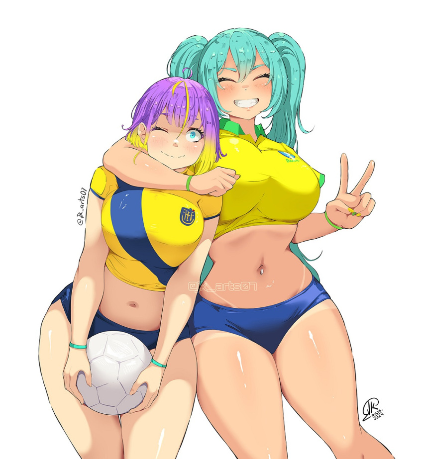 2girls aqua_hair ball blonde_hair blue_eyes blue_shorts bracelet brazil breasts closed_eyes collared_shirt dated ecuador feet_out_of_frame gradient_hair green_nails hatsune_miku highres jewelry jk_arts large_breasts long_hair midriff multicolored_hair multiple_girls navel navel_piercing one_eye_closed original piercing purple_hair shirt short_hair short_sleeves shorts simple_background soccer_ball tan tanlines twintails twitter_username v very_long_hair vocaloid white_background yellow_nails