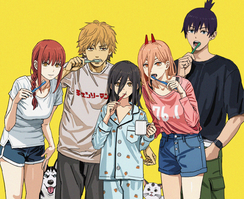 2boys 3girls alternate_costume black_footwear black_hair black_shirt blonde_hair blush braid braided_ponytail breasts brushing_teeth canine chainsaw_man collarbone commentary cross-shaped_pupils cup demon_horns denim denim_shorts denji_(chainsaw_man) dolphin_shorts green_pants hair_between_eyes hayakawa_aki highres holding holding_cup holding_toothbrush horns long_bangs looking_at_viewer makima_(chainsaw_man) medium_breasts meowy_(chainsaw_man) mole mole_under_eye multiple_boys multiple_girls nayuta_(chainsaw_man) orange_hair pajamas pants pink_shirt power_(chainsaw_man) print_pajamas ringed_eyes shiren_(ourboy83) shirt shorts simple_background smartwatch symbol-shaped_pupils time_paradox toothbrush watch white_shirt wristwatch yellow_background yellow_eyes