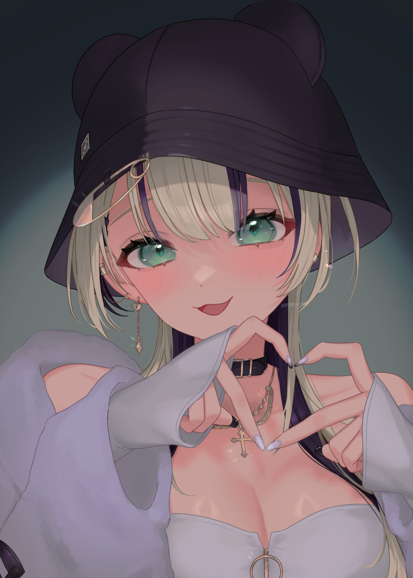 :3 bare_shoulders bear_hat belt_collar black_hair black_hat blonde_hair breasts bucket_hat cleavage close-up collar commentary_request cross cross_necklace earclip earrings eyelashes female green_eyes hat heart_hand highres iris_black_games jacket jewelry kurumi_noah kurumi_noah_(7th_costume) long_sleeves medium_breasts meisa_orion multicolored_hair nail_polish necklace o-ring off_shoulder open_mouth safety_pin shiny_skin simple_background sleeves_past_wrists solo strapless streaked_hair tube_top virtual_youtuber vspo! white_jacket white_nails white_tube_top wolf_cut