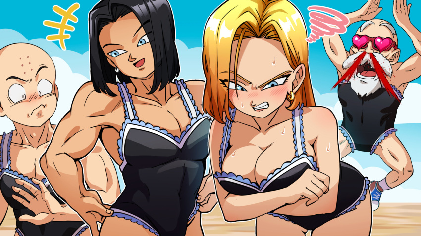 3boys absurdres android_17 android_18 angry black_hair blonde_hair blood blue_eyes breasts brother_and_sister cleavage clenched_teeth dragon_ball dragon_ball_super embarrassed english_commentary female highres kuririn multiple_boys nosebleed open_mouth pea-bean pervert siblings teeth