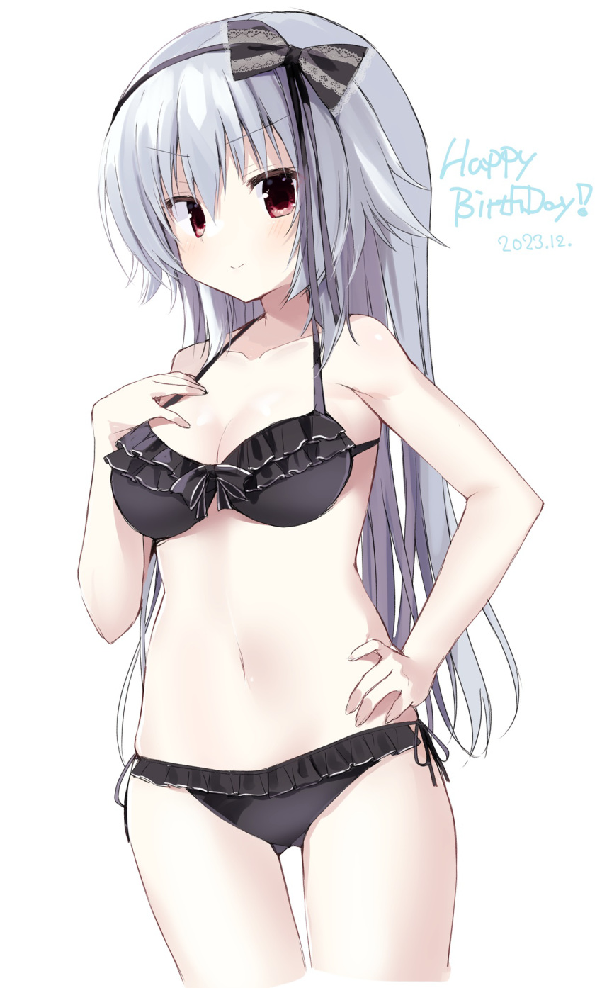 >:) 2023 bare_arms bare_shoulders bikini black_bikini black_bow blush bow breasts cleavage closed_mouth collarbone commentary cowboy_shot curvy dated doyagao female frilled_bikini frilled_bow frills grey_hair hair_between_eyes hairbow halterneck hand_on_own_chest hand_on_own_hip hand_up happy_birthday highres long_hair looking_at_viewer medium_breasts narumi_toa navel red_eyes side-tie_bikini_bottom sidelocks simple_background skindentation smile smug solo standing stomach straight_hair swimsuit takepoison thigh_gap v-shaped_eyebrows very_long_hair wagamama_high_spec white_background