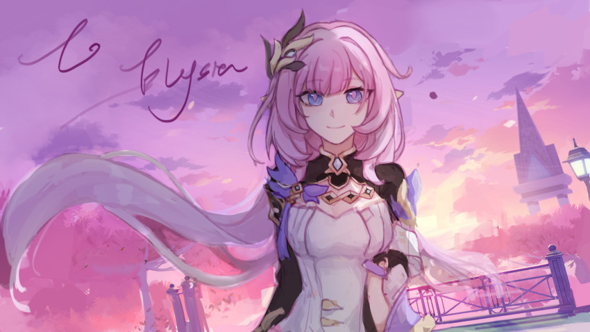 bei_(yudie-cy) blue_eyes chinese_commentary commentary_request elysia_(honkai_impact) elysia_(miss_pink_elf)_(honkai_impact) female hair_ornament highres honkai_(series) honkai_impact_3rd long_hair looking_at_viewer outdoors pink_hair pink_sky pointy_ears shirt shrug_(clothing) sky smile solo upper_body very_long_hair white_shirt