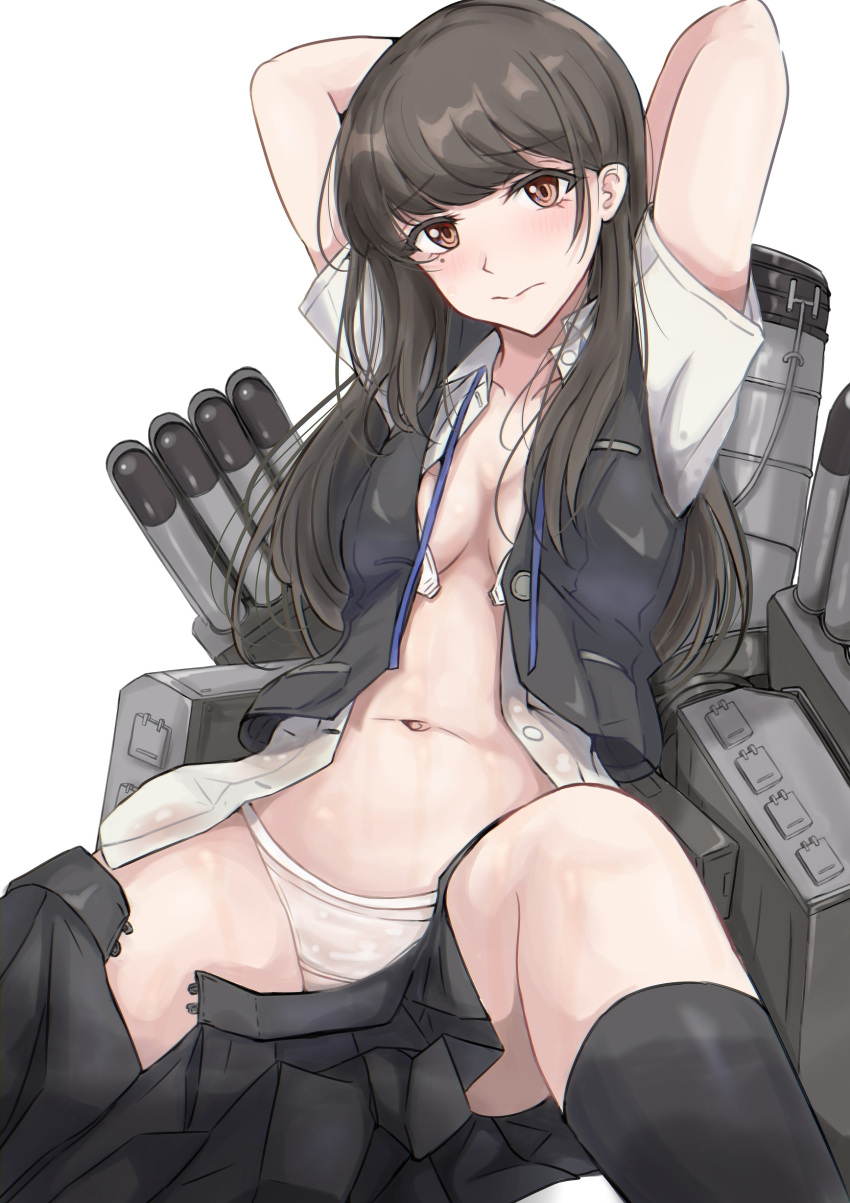 absurdres arms_up black_hair black_skirt black_socks black_vest blunt_bangs blush bra breasts brown_eyes brown_hair closed_mouth collarbone commentary_request female hayashio_(kancolle) highres kantai_collection ken_(shutenndouji1) kneehighs long_hair looking_at_viewer machinery medium_breasts mole mole_under_eye navel open_bra open_clothes open_shirt panties pleated_skirt rigging school_uniform shirt short_sleeves simple_background sitting skirt smokestack socks solo stomach torpedo_launcher underwear vest white_background white_bra white_panties white_shirt