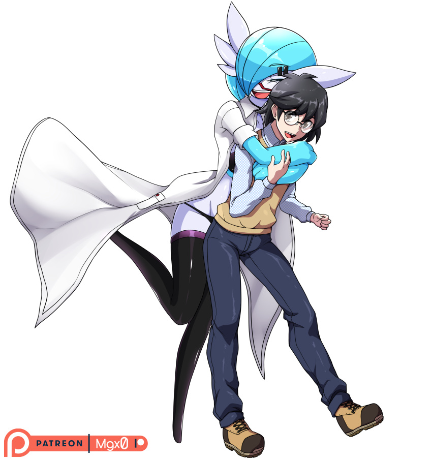 1boy absurdres alternate_color black_hair black_panties black_thighhighs blue_hair bob_cut closed_eyes collared_shirt commission dr._voir_(nanosheep) female gardevoir glasses hair_over_one_eye highres hug hug_from_behind lab_coat mgx0 nanosheep_(character) panties pants pokemon pokemon_(creature) shiny_pokemon shirt simple_background thighhighs underwear vest white_background