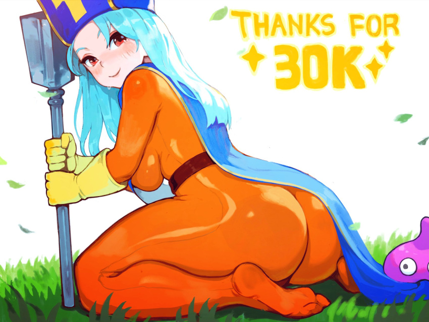 ass blue_hair blue_hat blue_tabard blush bodysuit breasts chimjoljol_(cute_goblin) closed_mouth commentary dragon_quest dragon_quest_iii english_text female from_side gloves grass hat highres holding holding_mace holding_weapon large_breasts leaf light_blue_hair long_hair looking_at_viewer looking_back mace milestone_celebration mitre no_shoes on_ground orange_bodysuit priest_(dq3) red_eyes seiza simple_background sitting slime_(dragon_quest) smile solo tabard thighs weapon white_background yellow_gloves