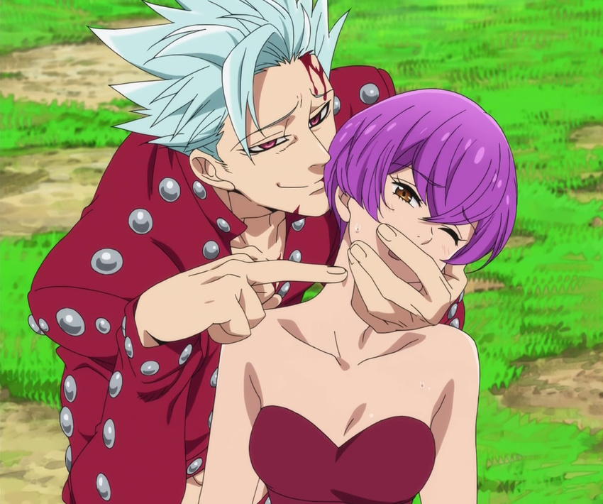 1boy aqua_hair arm ban_(nanatsu_no_taizai) bare_shoulders blood breasts brown_eyes collarbone covering covering_mouth female from_behind head_tilt looking_at_viewer middle_finger nanatsu_no_taizai naughty_face neck one_eye_closed open_mouth poking purple_hair red_eyes screencap short_hair silver_hair smile spiked_hair stitched strapless sweatdrop veronica_liones wince