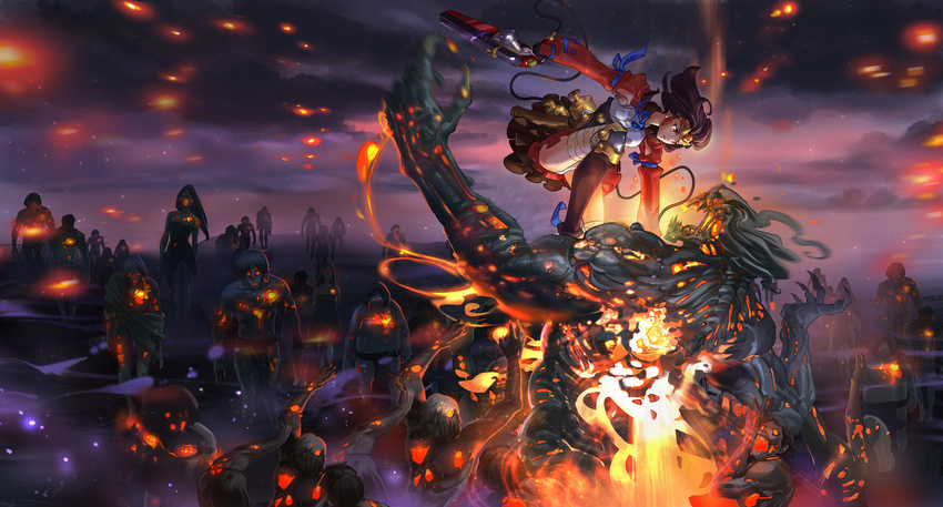 arms_up bandaged_leg bandages boots brown_hair claws cloud commentary_request embers energy fantasy female fire glowing glowing_eyes glowing_mouth grayfair gun highres holding holding_gun holding_weapon kabane koutetsujou_no_kabaneri long_hair long_sleeves looking_at_another monster mumei_(kabaneri) open_mouth outdoors outstretched_arms photoshop_(medium) purple_sky reaching red_eyes skirt sky solo_focus thighhighs walking weapon