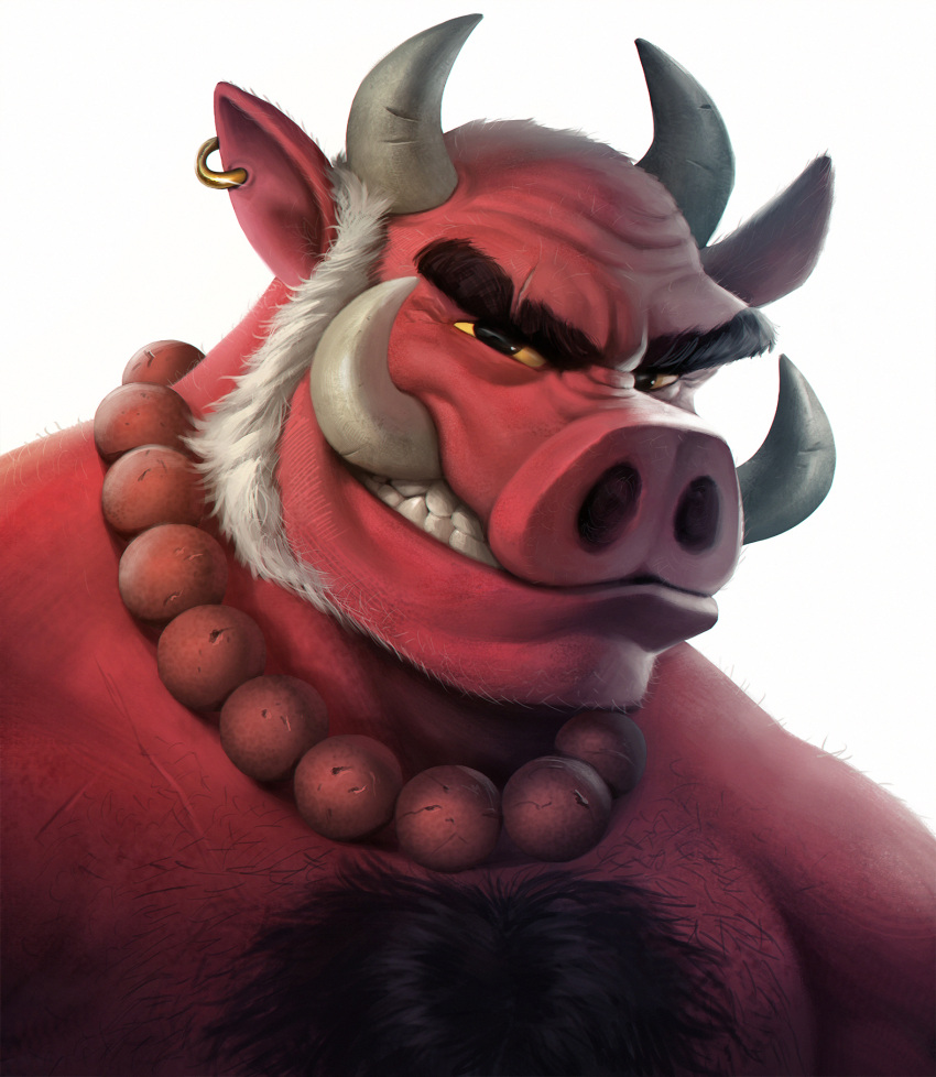 2023 2_horns angry anthro asian_mythology beard black_chest_hair black_eyebrows body_hair chest_hair clothing collar colored demon ear_piercing ear_ring east_asian_mythology eye_scar eyebrows facial_hair facial_scar frown frown_eyebrows frowney_face frowning_at_viewer hair half-closed_eyes hi_res horn japanese_mythology looking_at_viewer male mammal muscular muscular_anthro muscular_male mythology nakvi narrowed_eyes oni piercing pig_nose portrait red_body red_clothing red_collar red_skin ring_piercing scar shaded simple_background solo suid suina sus_(pig) teeth thick_eyebrows tusks white_background white_hair white_horn wild_boar wrinkles yellow_sclera yokai