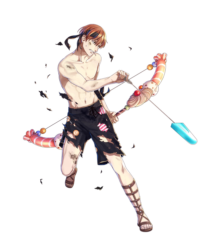 1boy arrow_(projectile) bow_(weapon) candy candy_print clenched_teeth commentary_request fire_emblem fire_emblem_awakening fire_emblem_heroes food food_in_mouth full_body gaius_(fire_emblem) gaius_(summer)_(fire_emblem) green_eyes hako_ichiiro highres holding holding_arrow holding_bow_(weapon) holding_weapon lollipop male_focus male_swimwear official_alternate_costume official_art popsicle red_hair sandals solo swim_trunks teeth themed_object topless_male torn_clothes transparent_background weapon