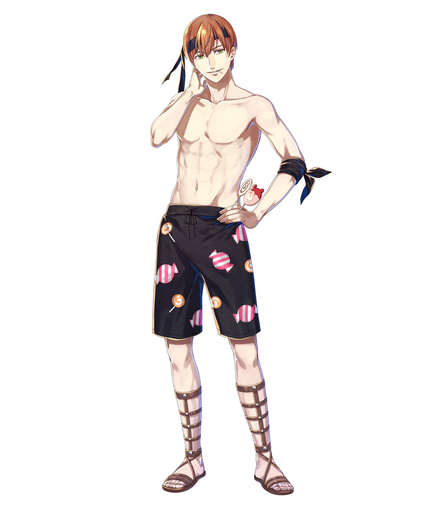 1boy alternate_costume candy candy_print commentary_request fire_emblem fire_emblem_awakening fire_emblem_heroes food full_body gaius_(fire_emblem) gaius_(summer)_(fire_emblem) green_eyes hako_ichiiro hand_on_own_hip highres lollipop male_focus male_swimwear official_art red_hair sandals smile solo swim_trunks topless_male transparent_background