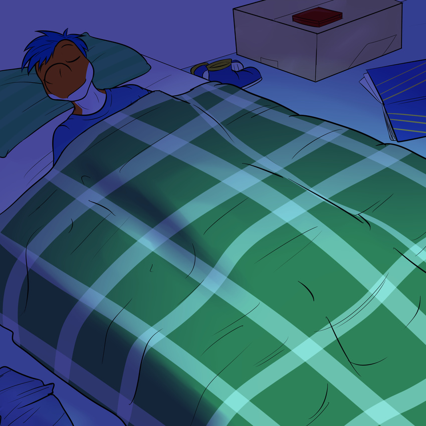 1:1 anthro bed bedding blanket blue_hair box closed_eyes container furniture fuze hair hi_res lying male mario_bros night nintendo orange_yoshi sleep_molestation sleeping solo yoshi