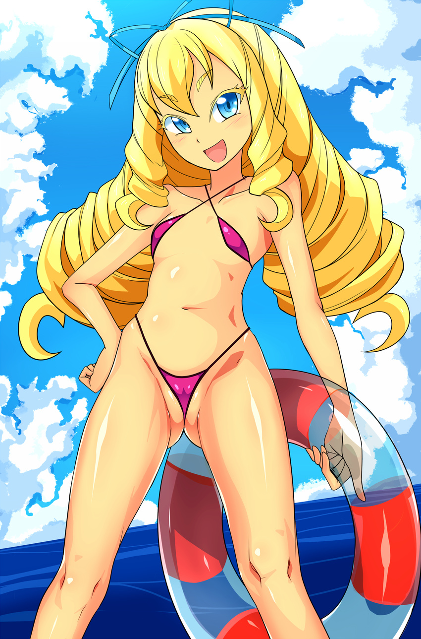 :d ass_visible_through_thighs bikini blonde_hair breasts colored_eyelashes commentary_request drill_hair female fukuouji_laura hand_on_own_hip highres innertube jewelpet_(series) jewelpet_magical_change long_hair looking_at_viewer micro_bikini navel open_mouth small_breasts smile solo swim_ring swimsuit water zasshu_nigou