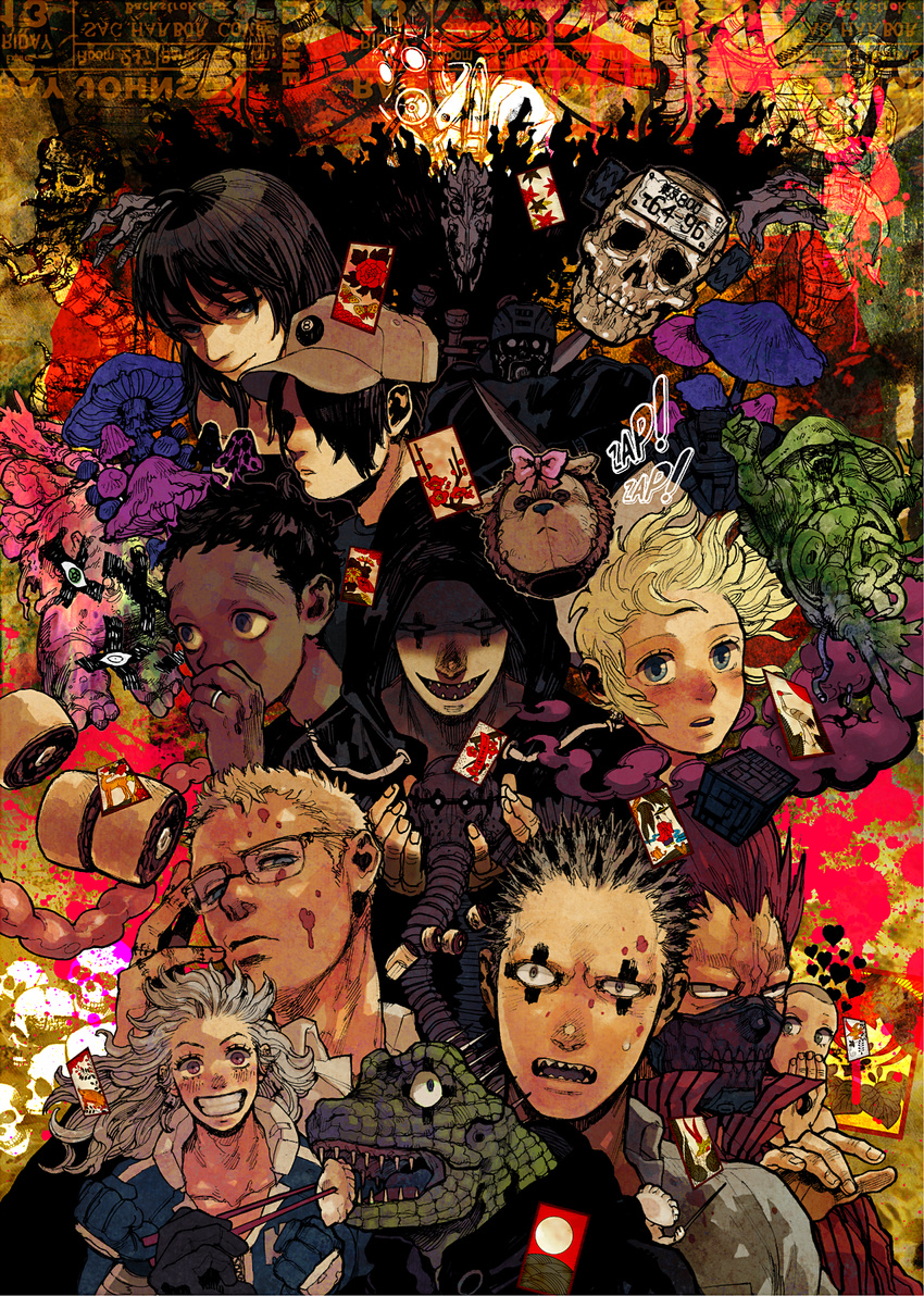 3girls 6+boys aikawa_(dorohedoro) bad_id bad_pixiv_id baseball_cap black_hair blonde_hair blood blue_eyes bow brown_eyes caiman_(dorohedoro) card chloe_k13 chopsticks chota collarbone crocodilian dark_skin dorohedoro dumpling earrings eating ebisu_(dorohedoro) en_(dorohedoro) food gas_mask gloves grin gyoza_man hair_over_one_eye haru_(dorohedoro) hat heart helmet hidden_eyes highres hood hoodie intestines jewelry jiaozi kai_(dorohedoro) kasukabe_(dorohedoro) knife lizard mask multicolored_hair multiple_boys multiple_girls mushroom noi_(dorohedoro) open_mouth organs pink_hair red_hair ring risu_(dorohedoro) scar serious shaded_face sharp_teeth shin_(dorohedoro) skull smile spiked_hair spikes surreal tattoo teeth