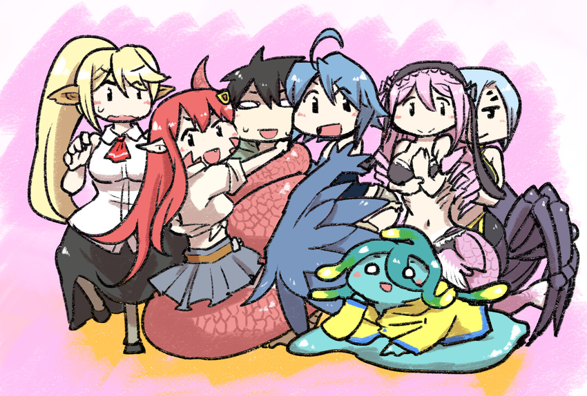 1boy 6+girls :d ahoge animal_ears aqua_hair arachne arthropod_girl black_hair blonde_hair blue_hair blue_wings blush_stickers centaur centorea_shianus commentary_request crayon_(medium) drill_hair extra_eyes feathered_wings feathers gills hair_ornament hairclip harpy highres horse_ears kurusu_kimihito lamia light_purple_hair long_hair mermaid meroune_lorelei miia_(monster_musume) monster_girl monster_musume_no_iru_nichijou multiple_girls multiple_legs navel nobuyoshi-zamurai oerba_yun_fang open_mouth papi_(monster_musume) pink_hair pointy_ears rachnera_arachnera raincoat red_eyes red_hair scales slime_girl smile snake_bondage spider_girl suu_(monster_musume) sweatdrop taur traditional_media winged_arms wings yellow_raincoat