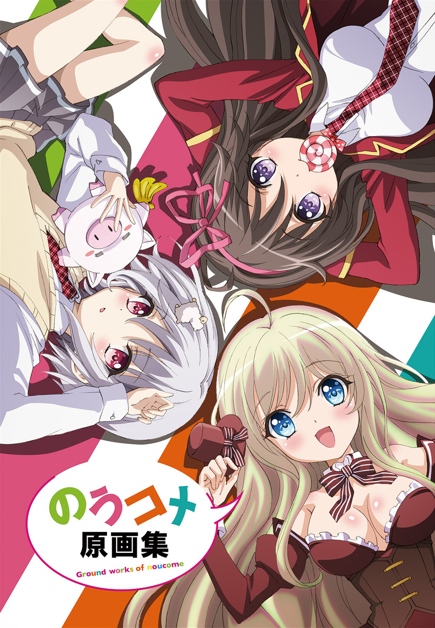 3girls ahoge albatross_(aotama) alpaca_hair_ornament blonde_hair blue_eyes blush breasts chocolat_(noucome) commentary_request hair_ornament hat highres large_breasts long_hair looking_at_viewer multiple_girls official_art open_mouth ore_no_nounai_sentakushi_ga_gakuen_love-comedy_wo_zenryoku_de_jama_shiteiru sheep_hair_ornament thighhighs top_hat yukihira_furano yuuouji_ouka