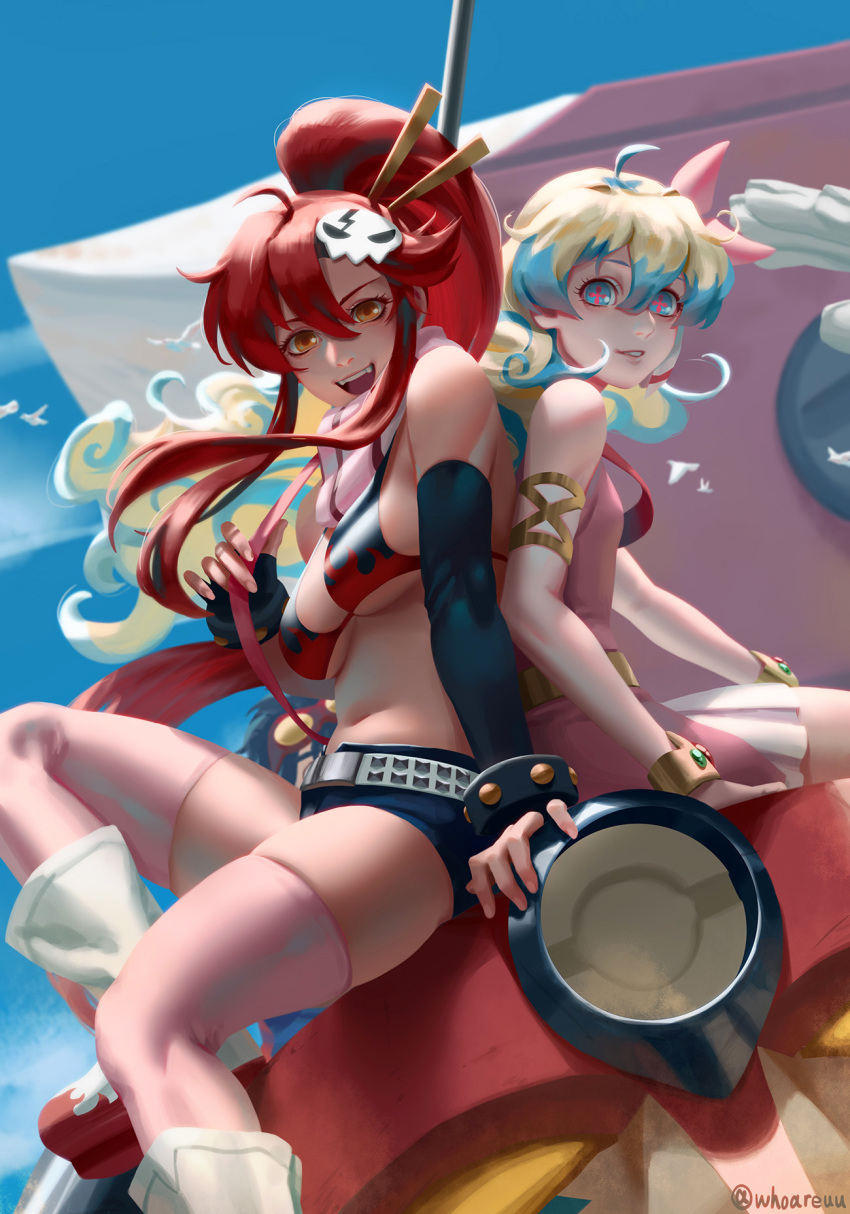 2girls :d ahoge armlet belt bikini bikini_top_only bird blue_eyes blue_sky bracelet curly_hair day dove dress elbow_gloves gloves grin gurren hair_between_eyes hair_ornament high_ponytail highres jewelry looking_at_viewer midriff multicolored_hair multiple_girls navel nia_teppelin no_shirt open_mouth outdoors photoshop_(medium) pink_dress pink_legwear ponytail red_hair scarf short_shorts shorts sitting skull_hair_ornament sky smile studded_belt studded_bracelet swimsuit tengen_toppa_gurren_lagann thighhighs thighs two-tone_hair whoareuu yoko_littner