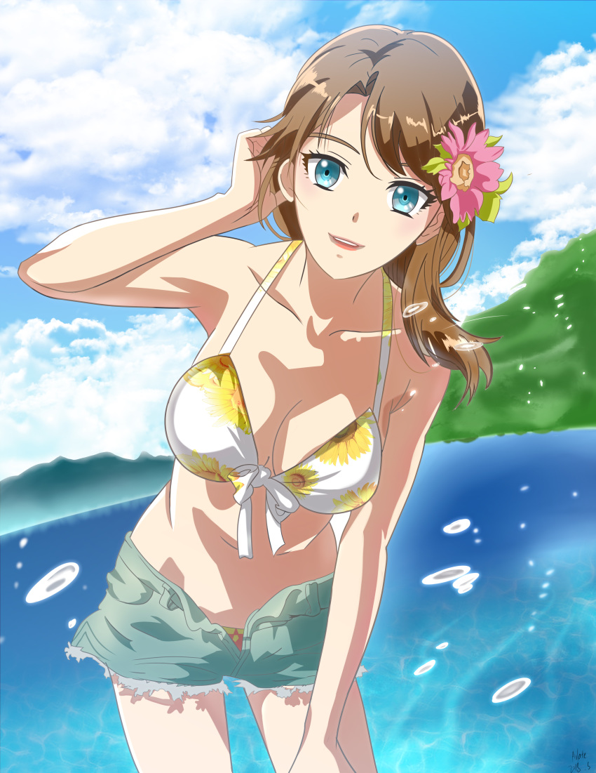 absurdres arleta artist_name bikini blue_eyes blue_sky breasts brown_hair cloud commentary_request cowboy_shot dated day female floral_print flower hair_flower hair_ornament hand_up hasegawa_hinako highres lipstick looking_at_viewer makeup medium_breasts midriff navel open_fly open_mouth outdoors short_shorts shorts sky solo standing swimsuit tada-kun_wa_koi_wo_shinai water water_drop