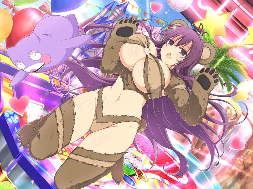 :o animal_ears animal_hands arcade balloon bear_ears bear_girl bear_paws bear_tail bebe-tan bikini black_ribbon blue_sky blush bouncing_breasts bow breasts building castle cleavage cliff day female fur_bikini fur_thighhighs groin hair_between_eyes hair_ribbon heart heart_balloon highres huge_breasts lens_flare light_fixture light_particles linea_alba long_hair looking_at_viewer midair murasaki_(senran_kagura) navel o-ring o-ring_bikini o-ring_bra o-ring_top official_alternate_costume official_art open_mouth pinball pink_bow purple_eyes purple_hair revealing_clothes ribbon senran_kagura senran_kagura_new_link senran_kagura_peach_ball senran_kagura_shinovi_versus shiny_skin short_tail sky solo spire star_(symbol) strapless strapless_bikini string_of_flags stuffed_animal stuffed_toy swimsuit tail teddy_bear tongue tower very_long_hair water waterfall yaegashi_nan