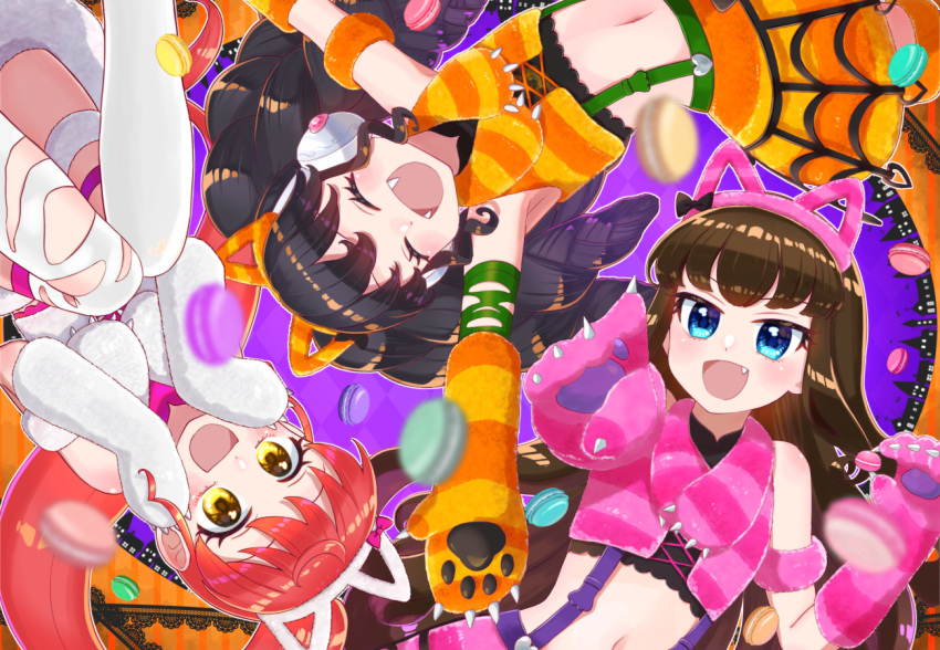 3girls :d animal_ear_hairband animal_ears animal_hands black_hair blue_eyes blurry blurry_foreground blush brown_hair cat_ear_hairband cat_ears circle_formation claws crop_top facing_viewer fake_animal_ears fangs flat_chest food from_above fur_gloves fur_scarf fur_skirt gaaruru_(pripara) gloves hairband halloween_costume hand_up hands_on_own_cheeks hands_on_own_face hands_up jinno_(jin_c_kkry) knees_up kurosu_aroma long_hair looking_at_viewer lying macaron midriff multiple_girls oerba_yun_fang on_back open_mouth orange_gloves orange_hairband orange_skirt paw_gloves pink_hairband pink_scarf ponytail pretty_series pripara red_hair scarf shiratama_mikan skirt smile suspenders twintails white_gloves white_hairband yellow_eyes